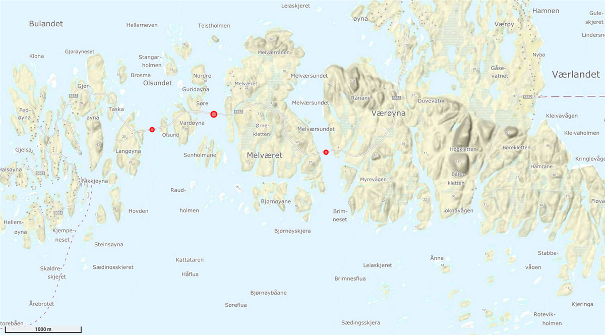 Kart over dei tre bruene med redusert seglingshøgd - Klikk for stort bilete